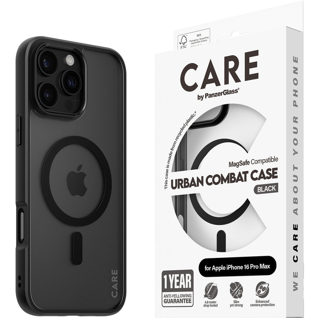 CARE by PanzerGlass Flagship Case Transparent Urban Combat w. Black Frame & MagSafe iPhone 16 Pro Max