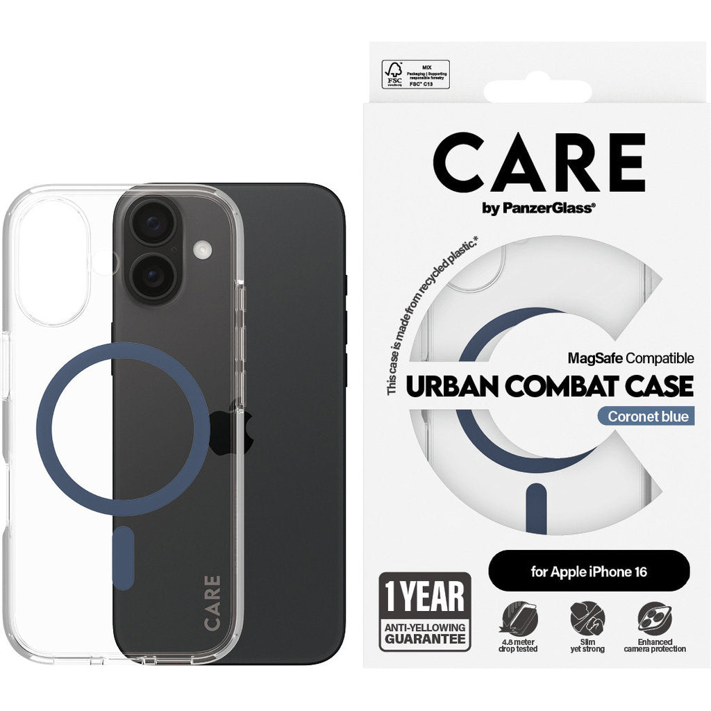 CARE by PanzerGlass Flagship Case Transparent Urban Combat w. Blue MagSafe iPhone 16