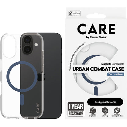 CARE by PanzerGlass Flagship Case Transparent Urban Combat w. Blue MagSafe iPhone 16