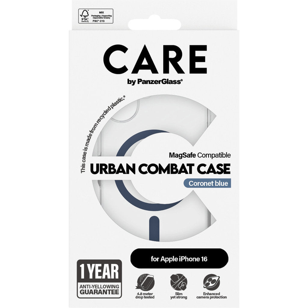 CARE by PanzerGlass Flagship Case Transparent Urban Combat w. Blue MagSafe iPhone 16
