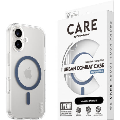 CARE by PanzerGlass Flagship Case Transparent Urban Combat w. Blue MagSafe iPhone 16