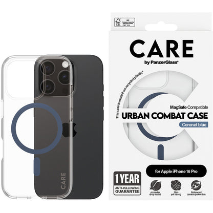 CARE by PanzerGlass Flagship Case Transparent Urban Combat w. Blue MagSafe iPhone 16 Pro