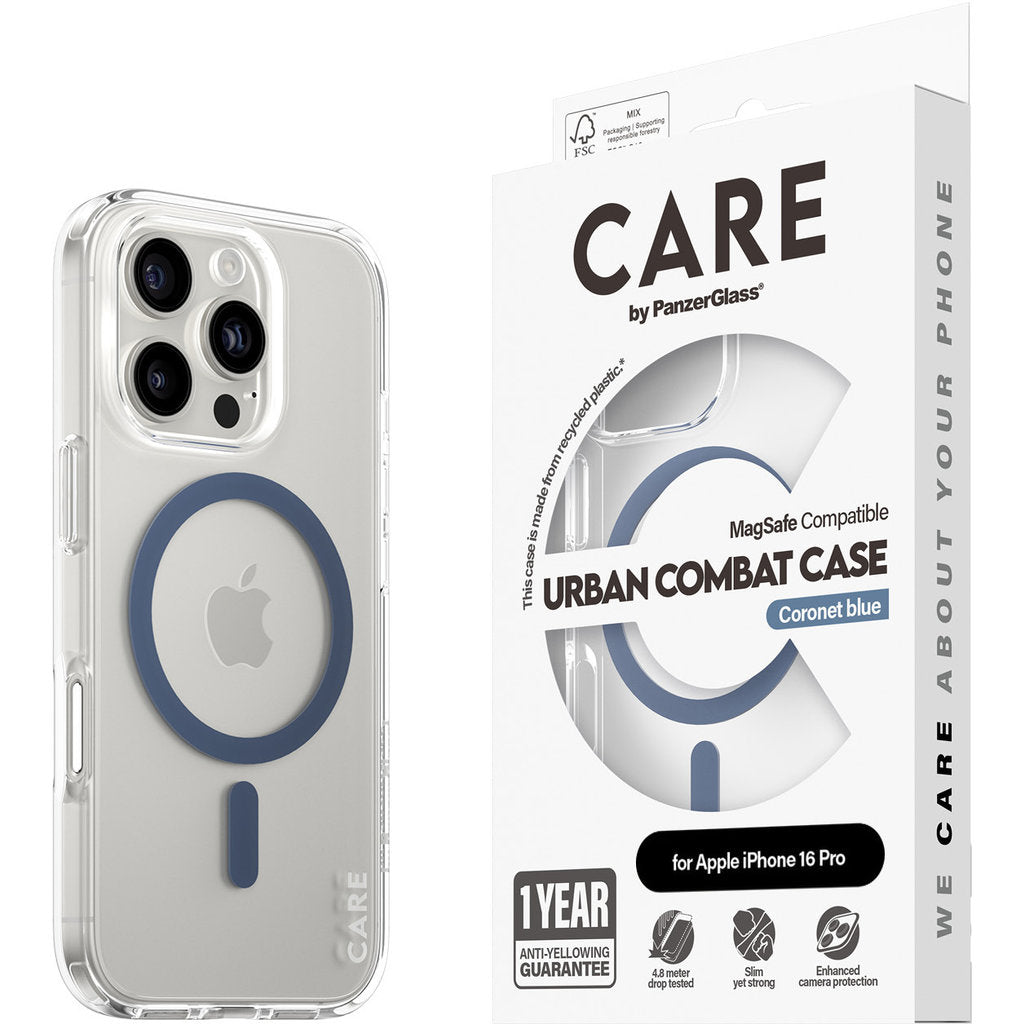 CARE by PanzerGlass Flagship Case Transparent Urban Combat w. Blue MagSafe iPhone 16 Pro