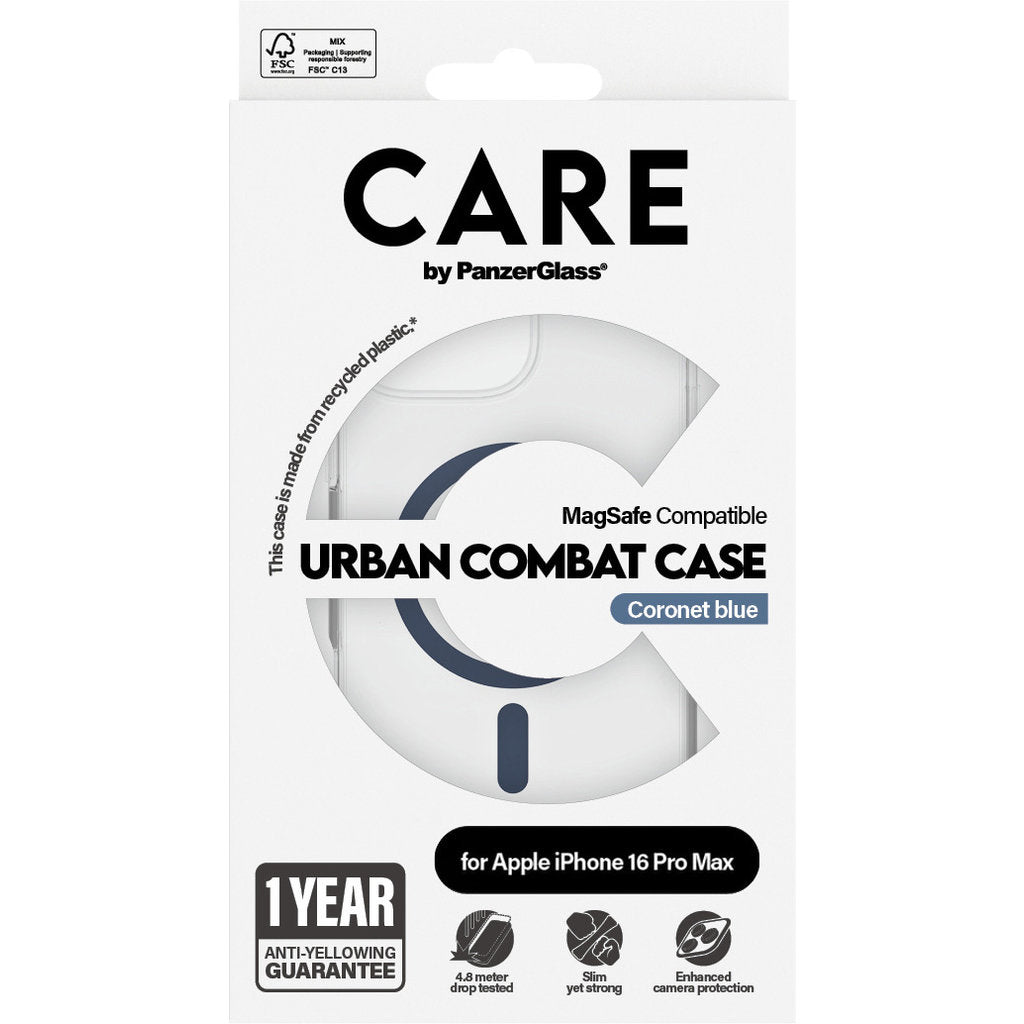CARE by PanzerGlass Flagship Case Transparent Urban Combat w. Blue MagSafe iPhone 16 Pro Max