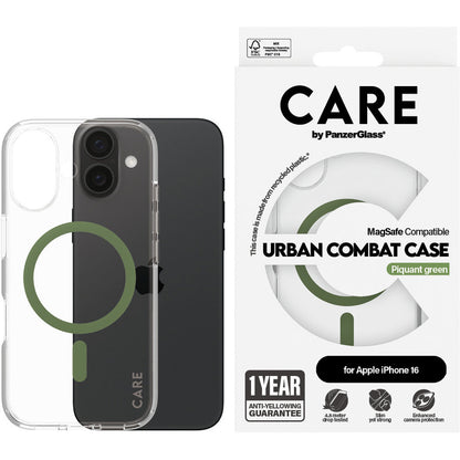 CARE by PanzerGlass Flagship Case Transparent Urban Combat w. Green MagSafe iPhone 16