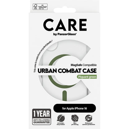 CARE by PanzerGlass Flagship Case Transparent Urban Combat w. Green MagSafe iPhone 16