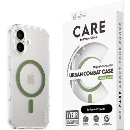 CARE by PanzerGlass Flagship Case Transparent Urban Combat w. Green MagSafe iPhone 16