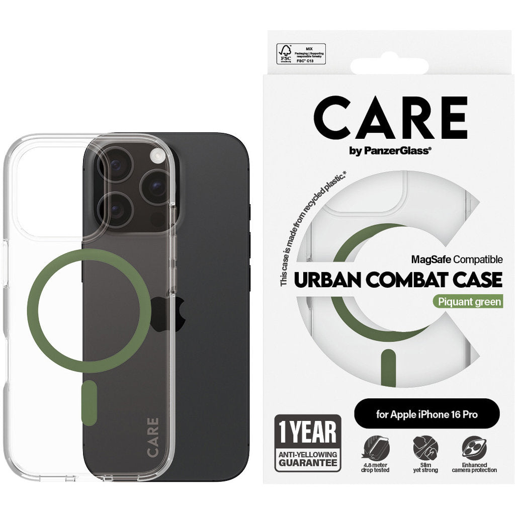 CARE by PanzerGlass Flagship Case Transparent Urban Combat w. Green MagSafe iPhone 16 Pro