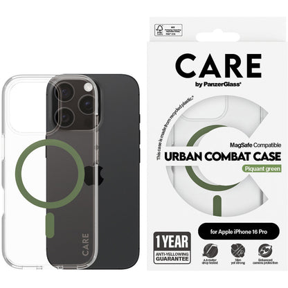 CARE by PanzerGlass Flagship Case Transparent Urban Combat w. Green MagSafe iPhone 16 Pro