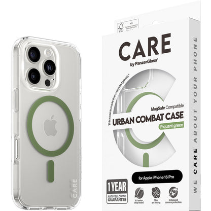 CARE by PanzerGlass Flagship Case Transparent Urban Combat w. Green MagSafe iPhone 16 Pro