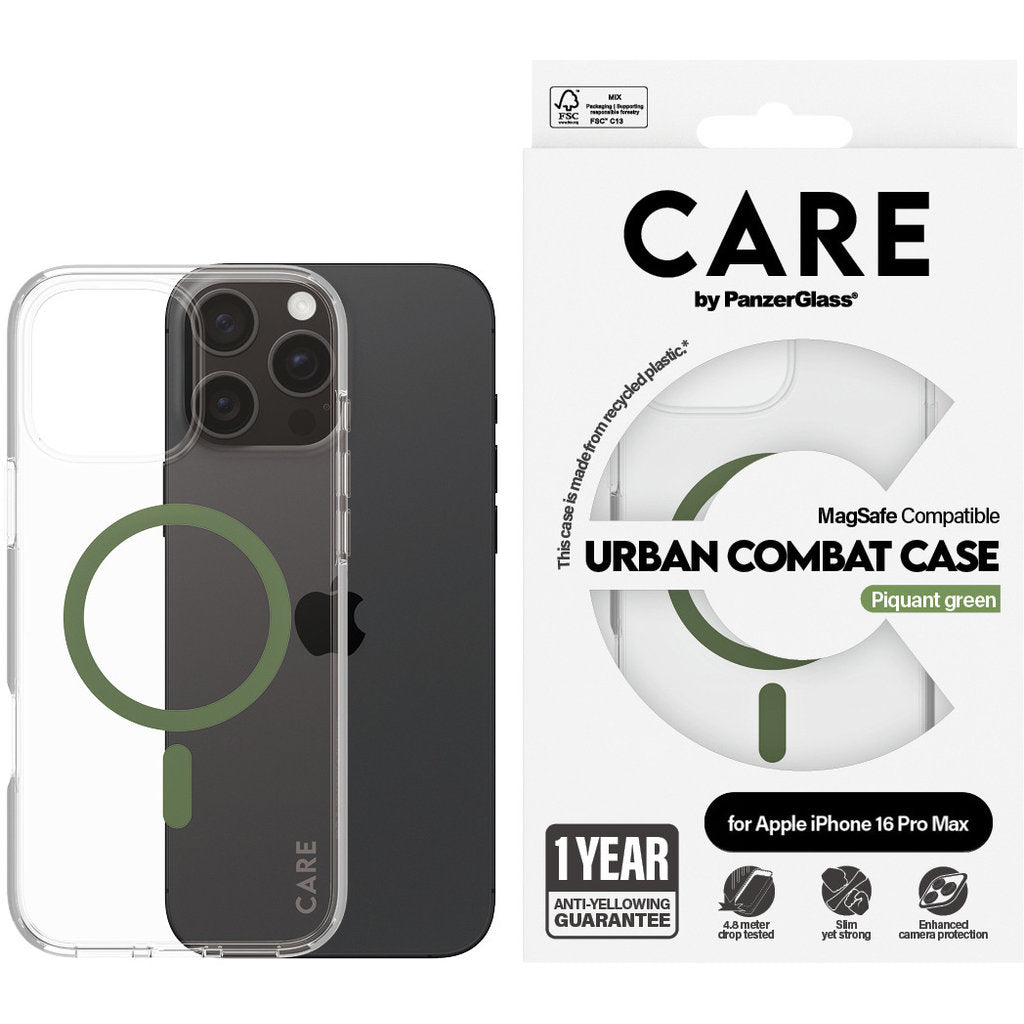 CARE by PanzerGlass Flagship Case Transparent Urban Combat w. Green MagSafe iPhone 16 Pro Max