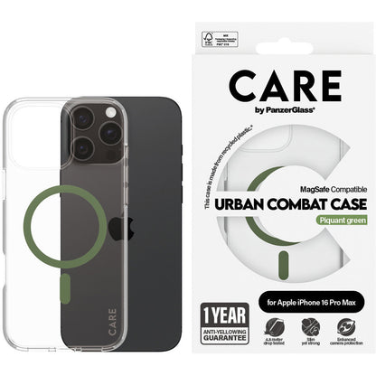 CARE by PanzerGlass Flagship Case Transparent Urban Combat w. Green MagSafe iPhone 16 Pro Max