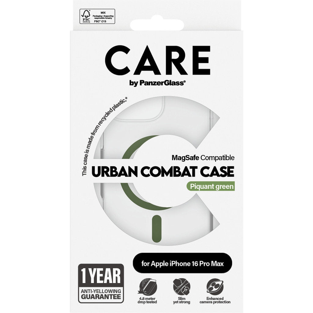 CARE by PanzerGlass Flagship Case Transparent Urban Combat w. Green MagSafe iPhone 16 Pro Max