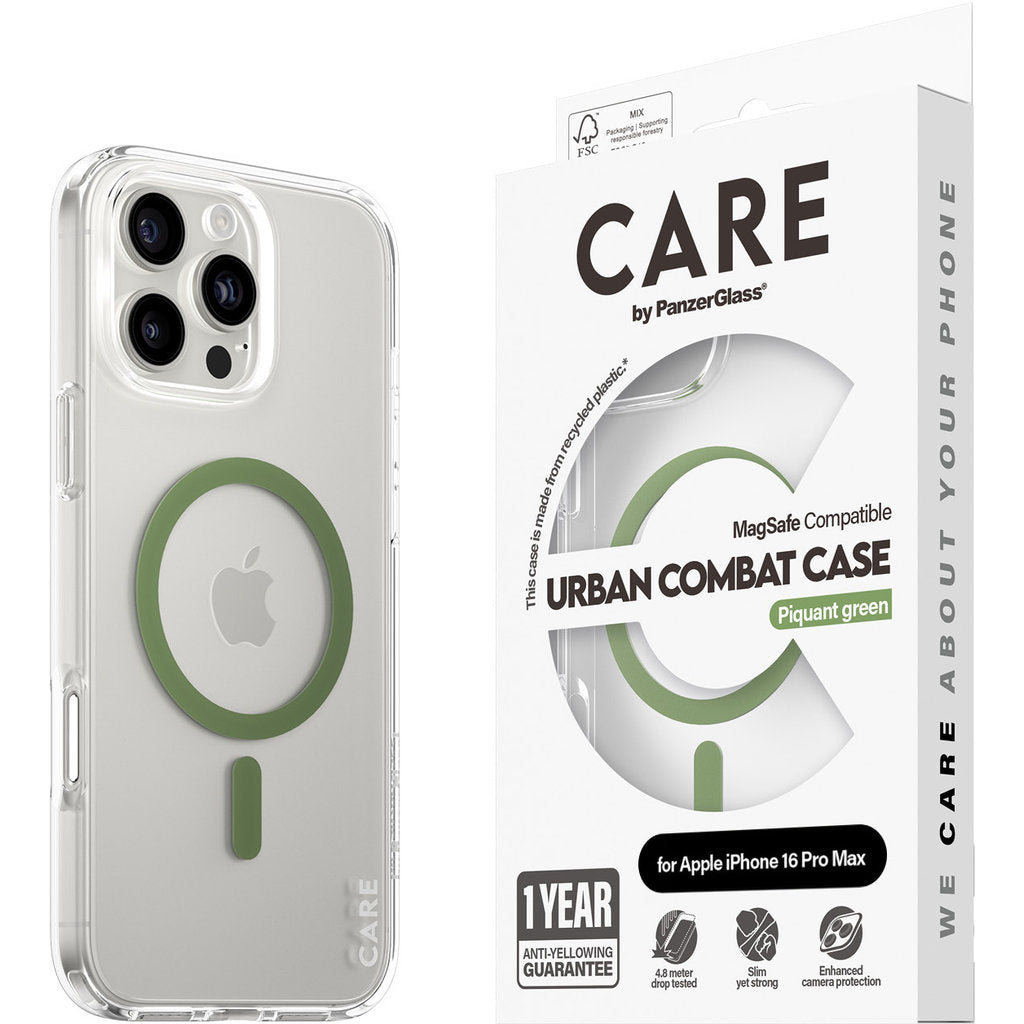 CARE by PanzerGlass Flagship Case Transparent Urban Combat w. Green MagSafe iPhone 16 Pro Max