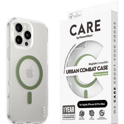 CARE by PanzerGlass Flagship Case Transparent Urban Combat w. Green MagSafe iPhone 16 Pro Max