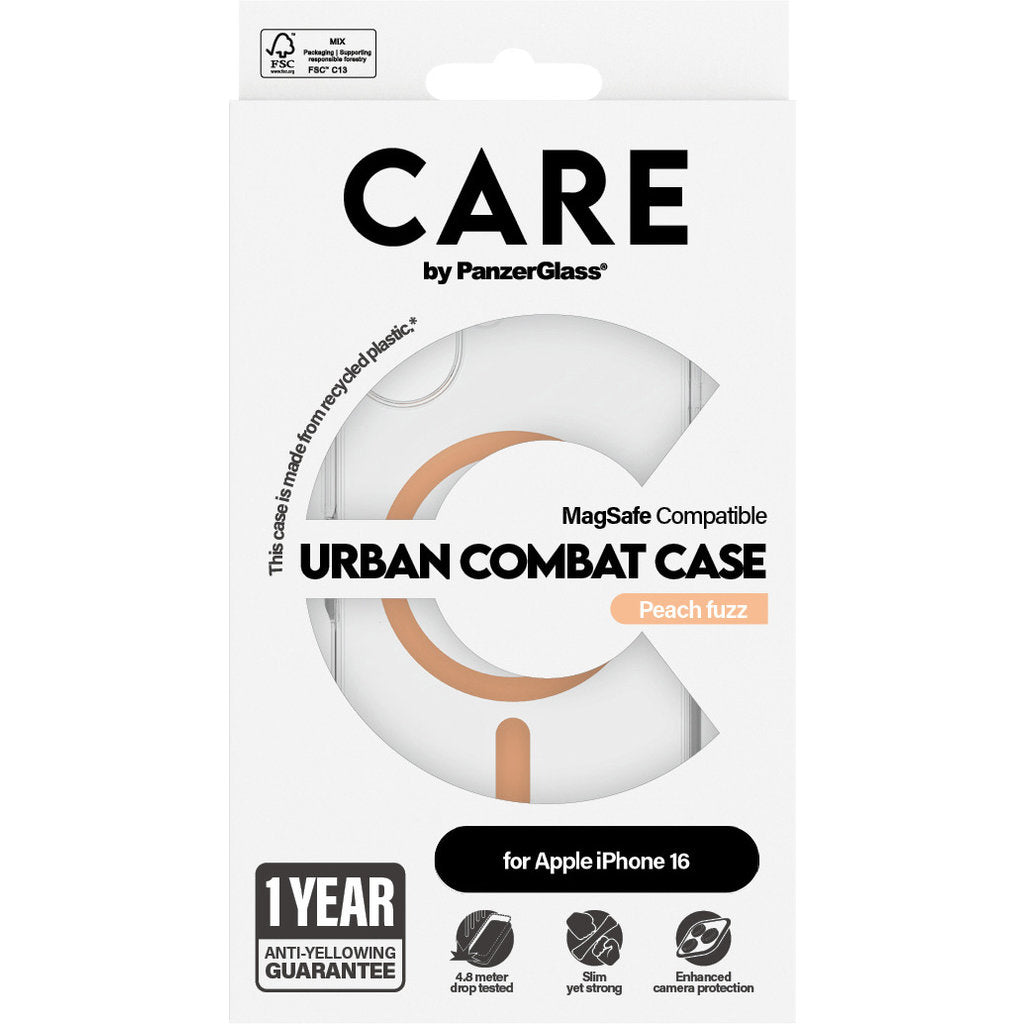 CARE by PanzerGlass Flagship Case Transparent Urban Combat w. Peachy MagSafe iPhone 16