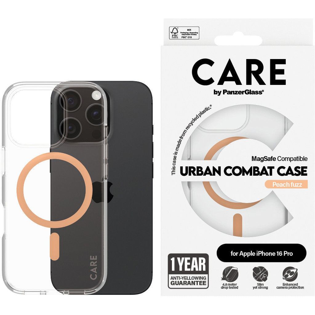 CARE by PanzerGlass Flagship Case Transparent Urban Combat w. Peachy MagSafe iPhone 16 Pro