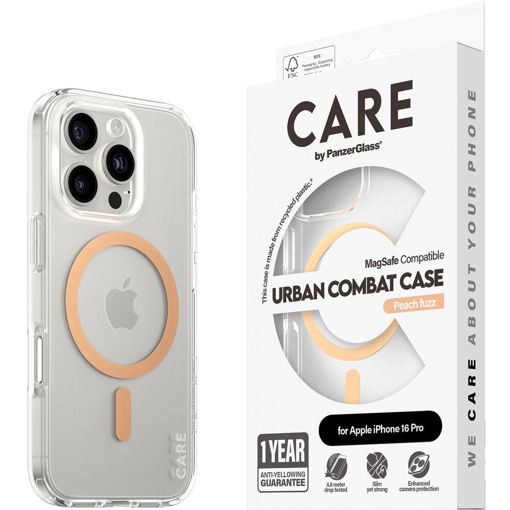 CARE by PanzerGlass Flagship Case Transparent Urban Combat w. Peachy MagSafe iPhone 16 Pro