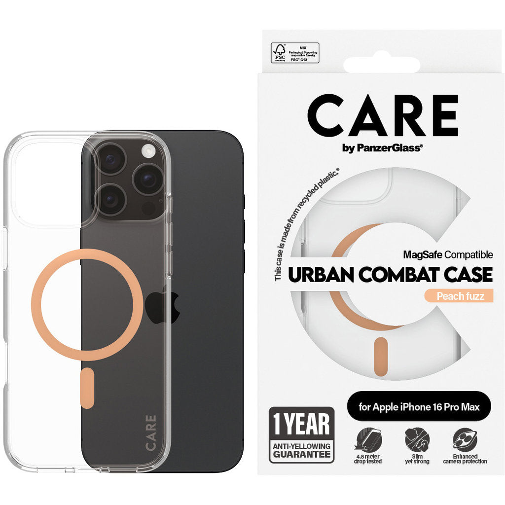 CARE by PanzerGlass Flagship Case Transparent Urban Combat w. Peachy MagSafe iPhone 16 Pro Max