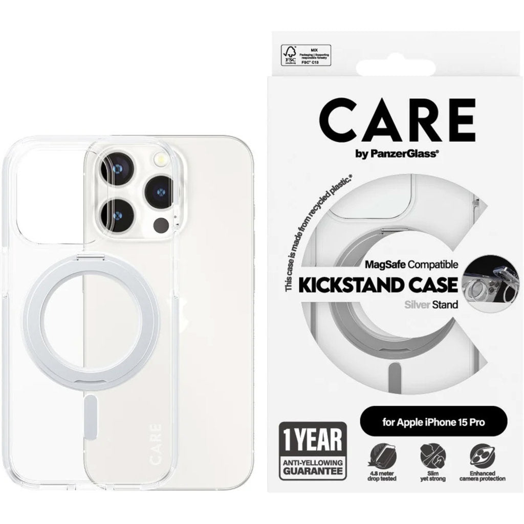 CARE by PanzerGlass Feature Case Transparent w. Silver Kickstand & MagSafe iPhone15 Pro