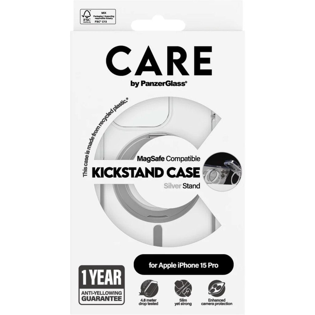 CARE by PanzerGlass Feature Case Transparent w. Silver Kickstand & MagSafe iPhone15 Pro