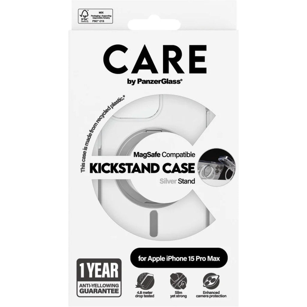 CARE by PanzerGlass Feature Case Transparent w. Silver Kickstand & MagSafe iPhone15 Pro Max