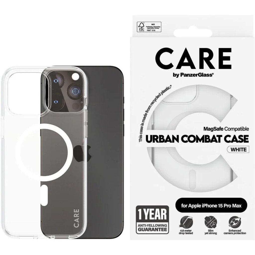 CARE by PanzerGlass Flagship Case Transparent Urban Combat w. White MagSafe iPhone 15 Pro Max