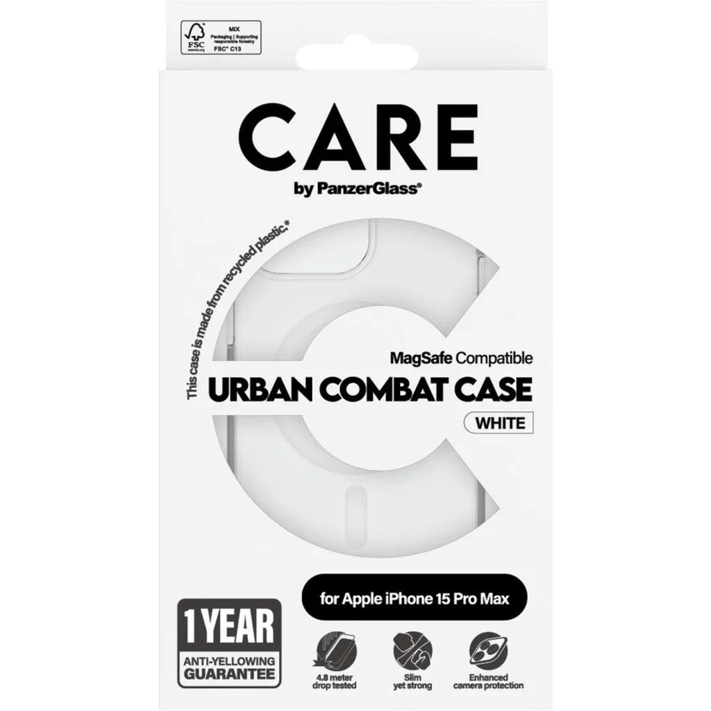 CARE by PanzerGlass Flagship Case Transparent Urban Combat w. White MagSafe iPhone 15 Pro Max