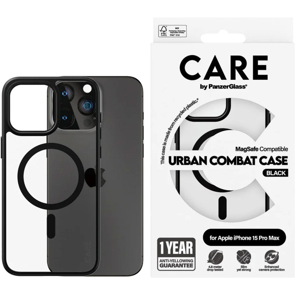 CARE by PanzerGlass Flagship Case Transparent Urban Combat w. Black MagSafe iPhone 15 Pro Max