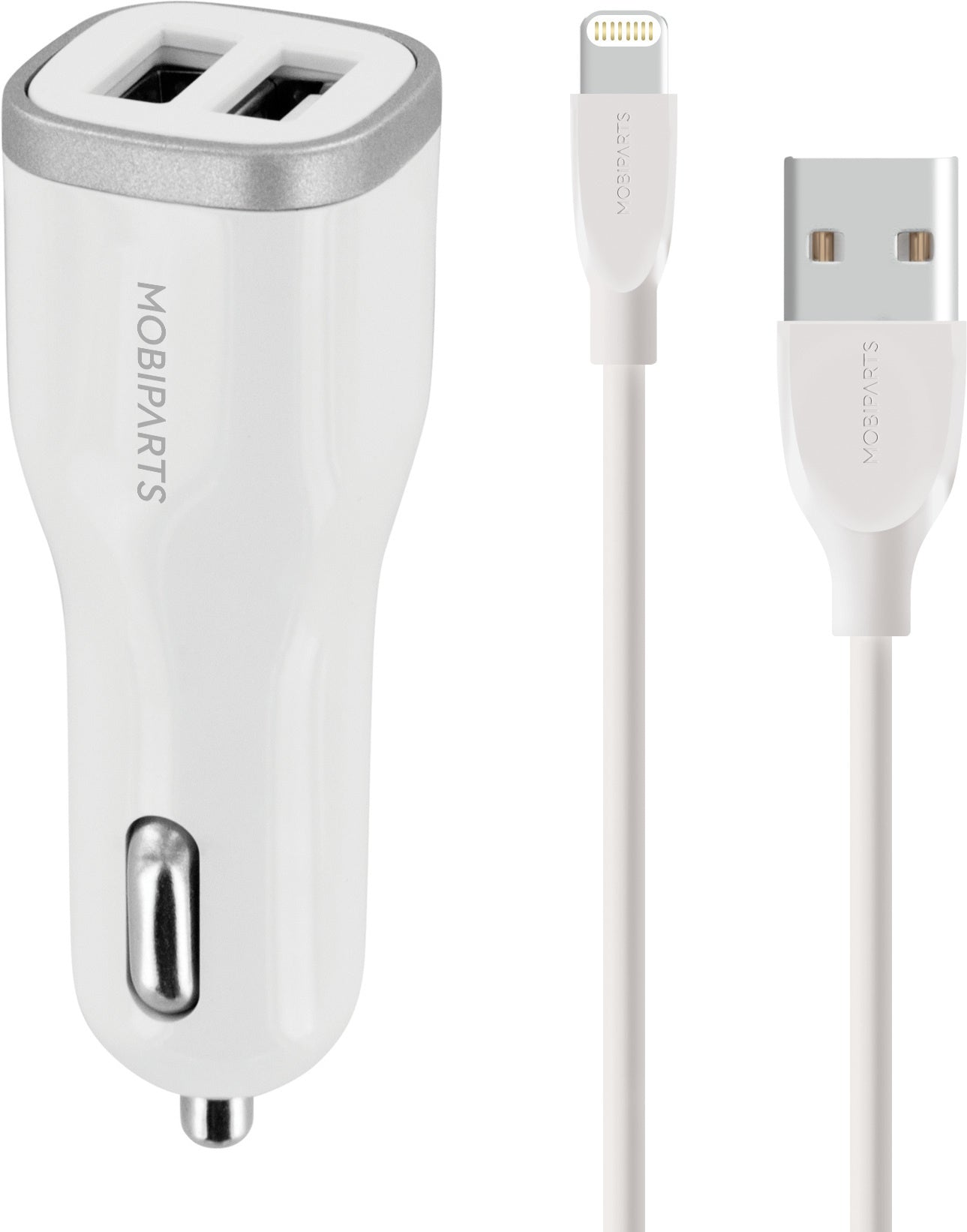 Mobiparts Car Charger Dual USB 12W/2.4A + Lightning Cable White