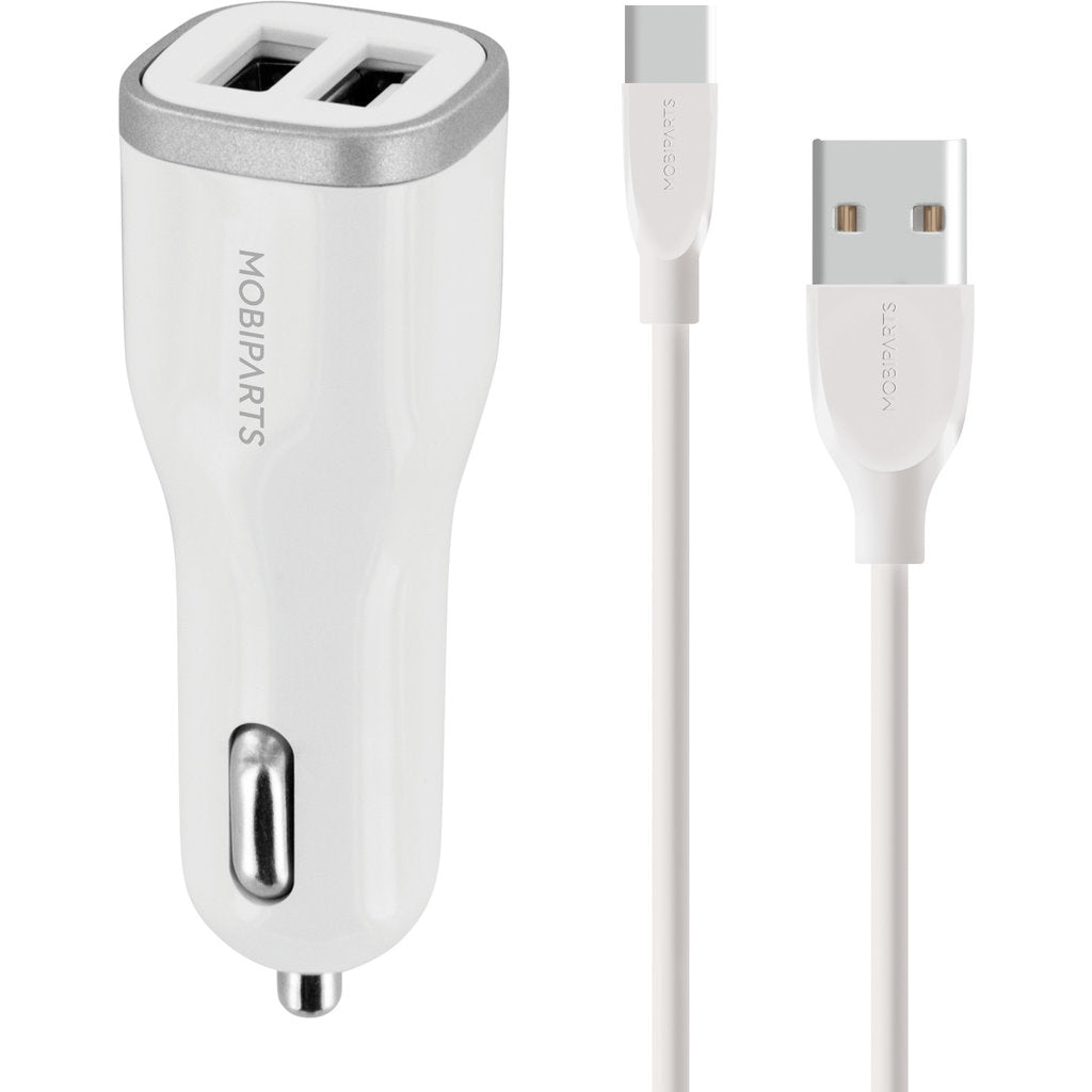 Mobiparts Car Charger Dual USB 12W/2.4A + USB-C Cable White