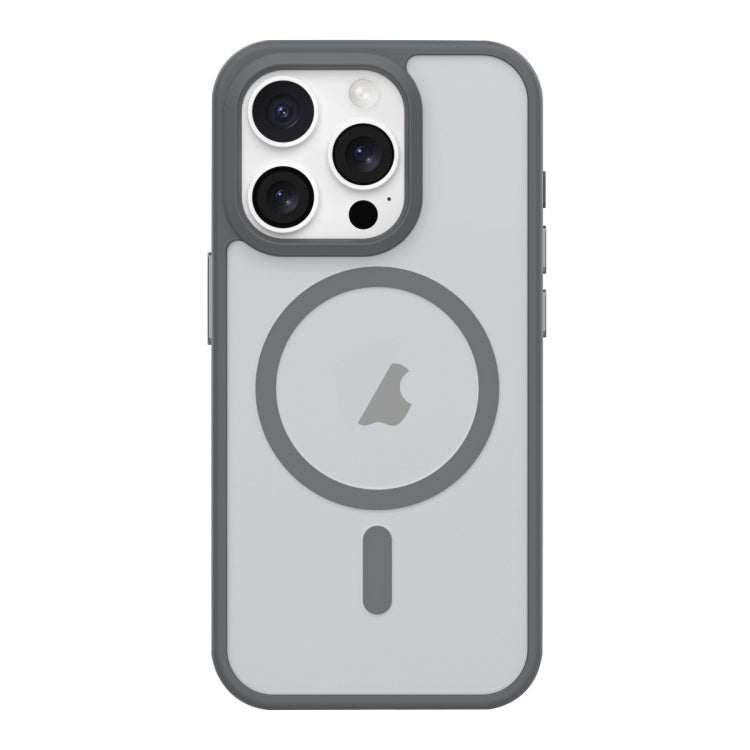 iPhone 14 metalen knop huidgevoel mat MagSafe schokbestendig telefoonhoesje (grijs)