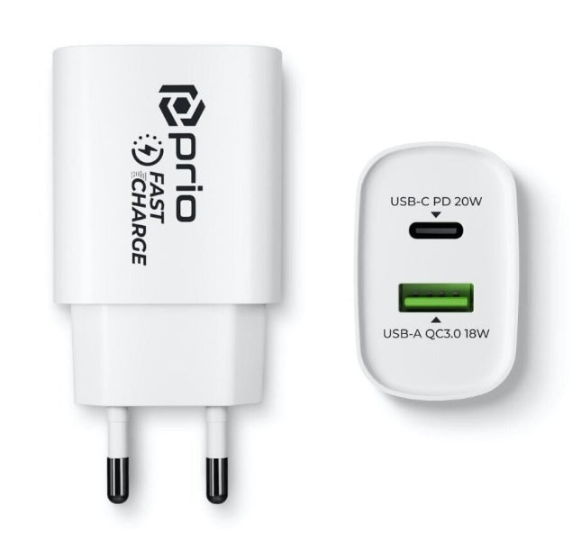 Prio Wall charger Fast  20W PD (USB C) + QC 3.0 (USB A) wit