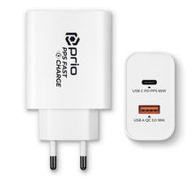 Prio Fast Charge Wall Charger 65W PD (USB C) + QC 3.0 (USB A) wit