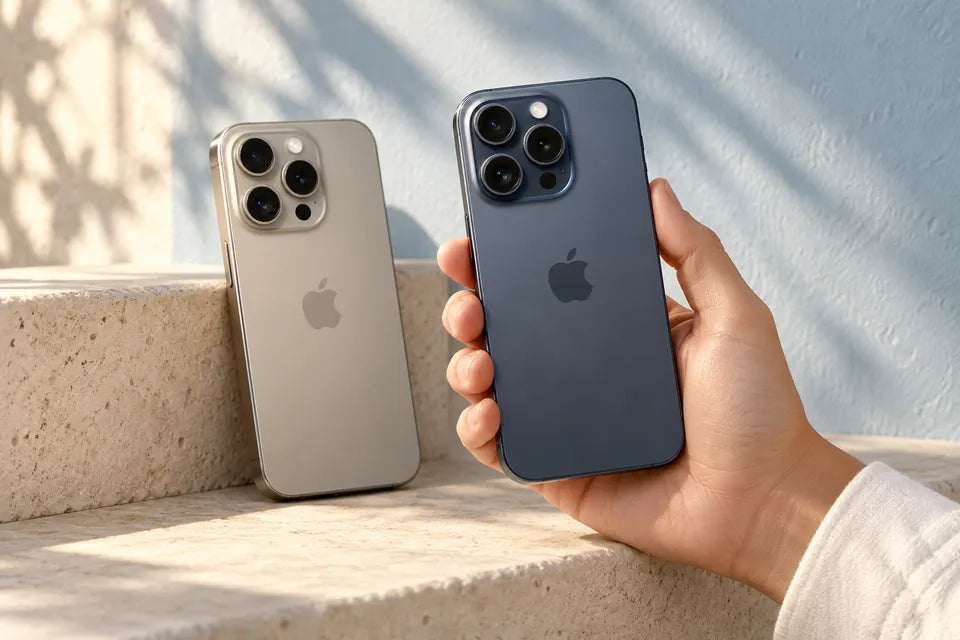 Twee refurbished iPhones in daglicht, waarvan één in een hand