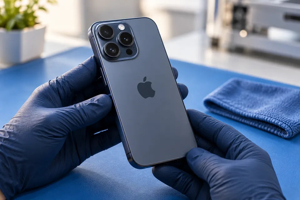 Refurbished iPhone wordt met handschoenen gecontroleerd