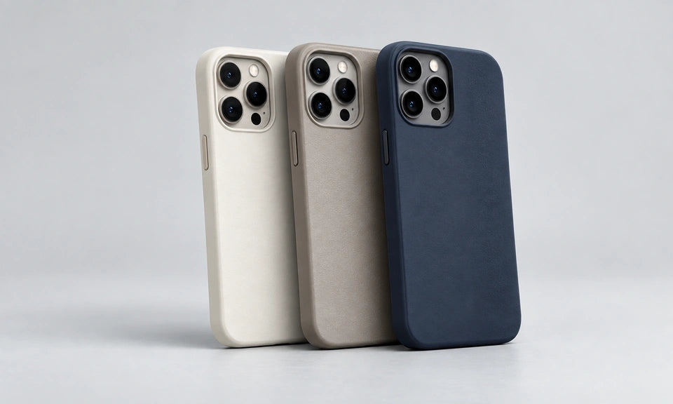 Drie telefoonhoesjes in lichte en donkere kleuren.