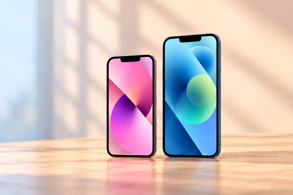 Lichtblauwe iPhone op een lichte stenen ondergrond